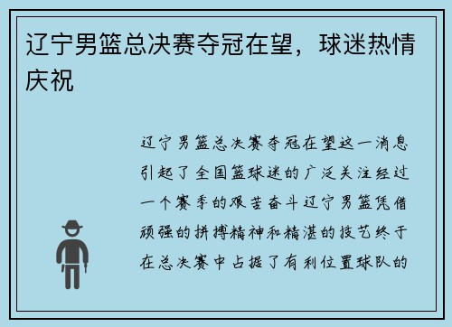 辽宁男篮总决赛夺冠在望，球迷热情庆祝